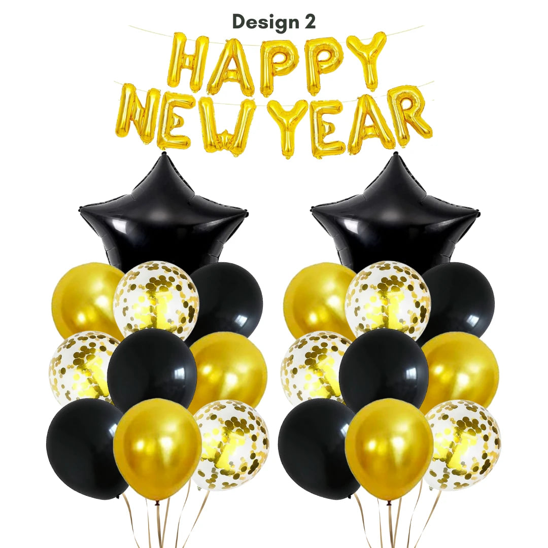 Happy New Year Black and Gold Balloon Banner