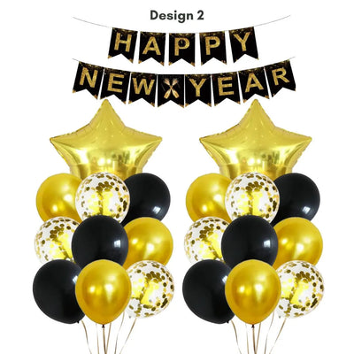 Happy New Year Black and Gold Balloon Banner