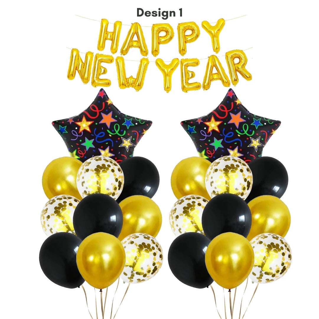 Happy New Year Black and Gold Balloon Banner