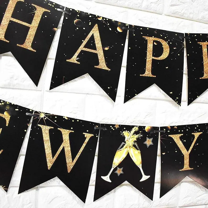 Happy New Year Black and Gold Balloon Banner