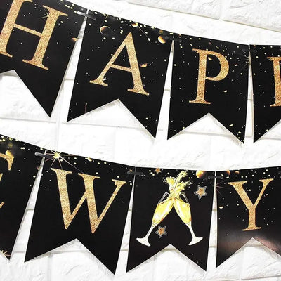 Happy New Year Black and Gold Balloon Banner