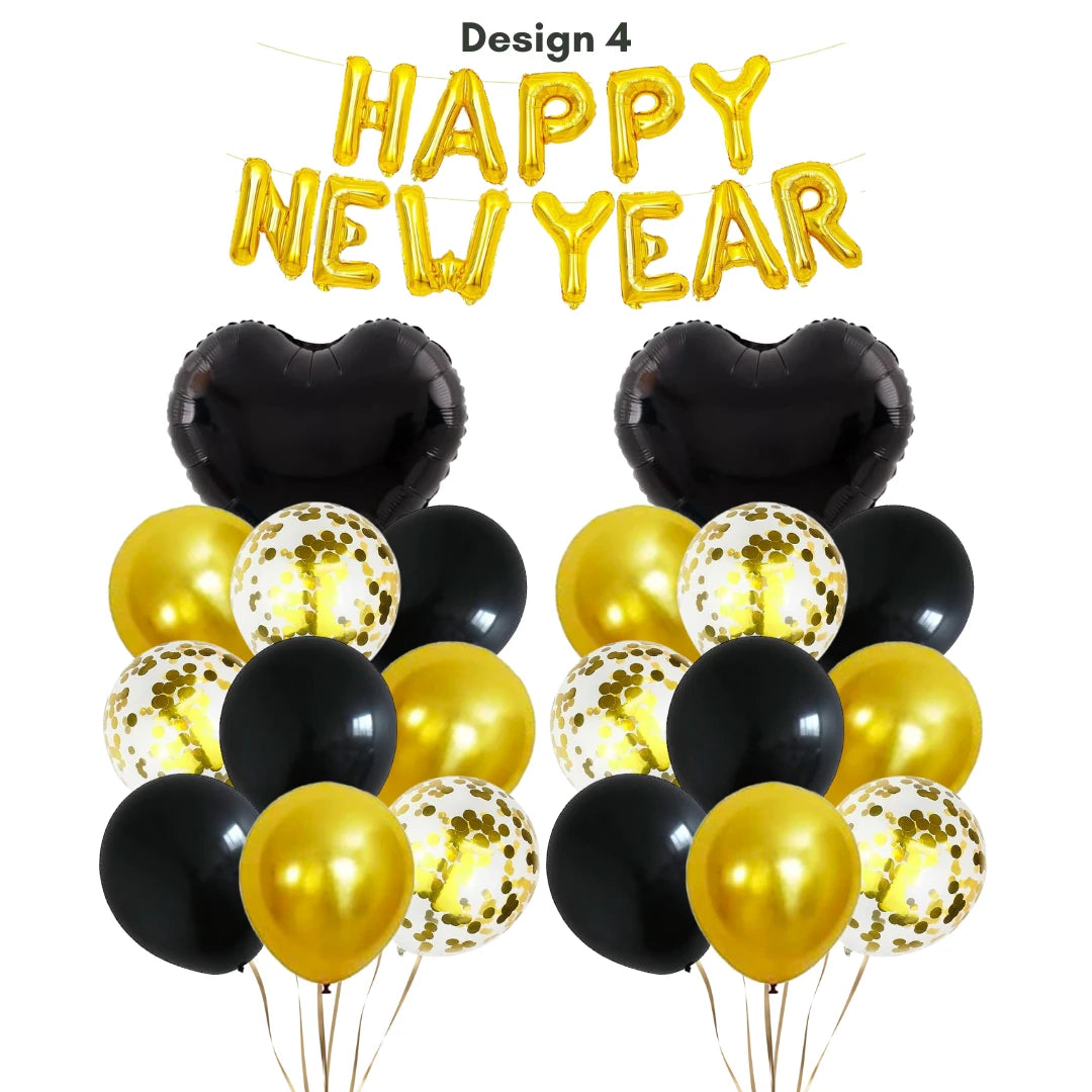 Happy New Year Black and Gold Balloon Banner