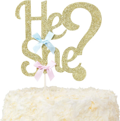 He Or She Gold Glitter Cake Topper for Gender Reveal Parties - Partyshakes Tableware