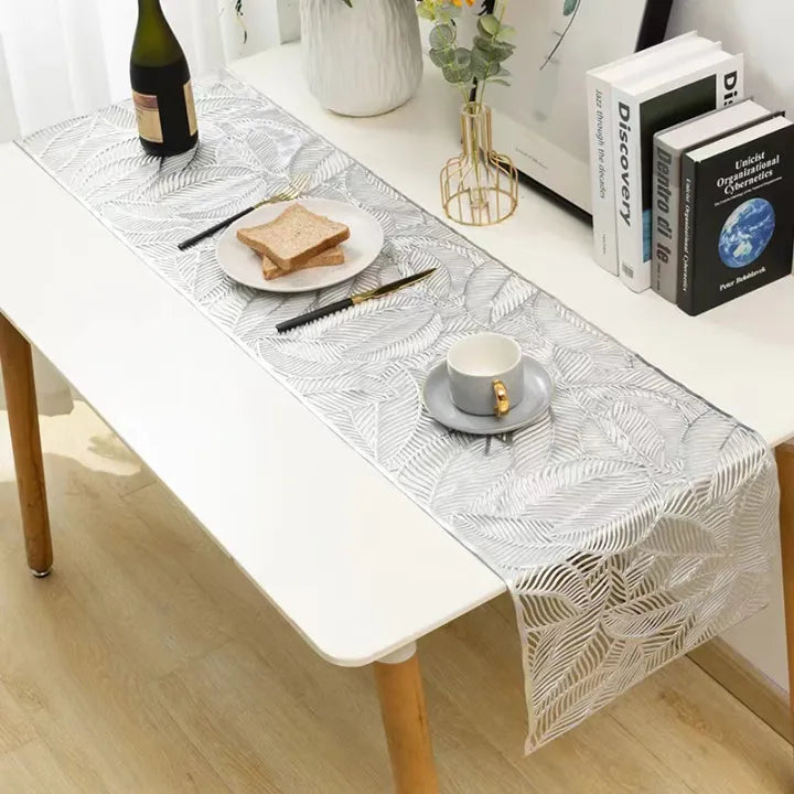 Luxury Metallic Silver PVC Leaf Table Runner - Partyshakes Tableware