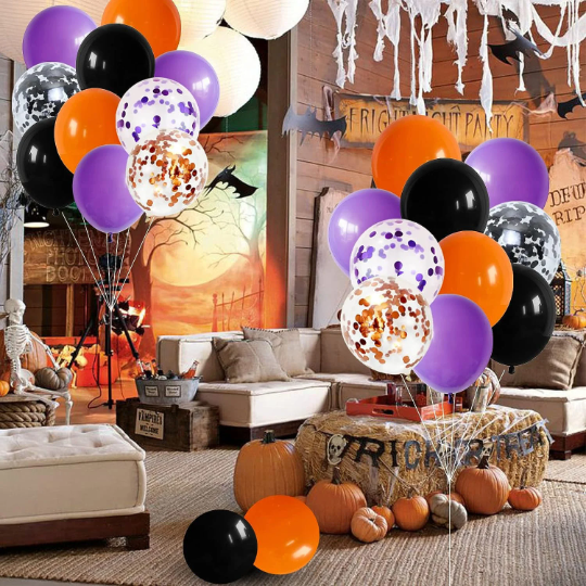 54pc Orange, Black and Purple Halloween Balloon Garland Set with Spider Web and Spiders