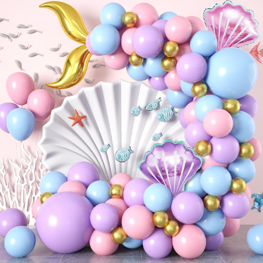 This Mermaid Gold Tail Balloon Garland Arch Set comes with double-layered pastel purple, pink and blue balloons to give your little one the perfect whimsical mermaid party.  Ideal for Mermaid parties, baby showers, birthday parties, and under-the-sea-themed celebrations, these balloons will bring your event to life and sure long-lasting, visually stunning decor that will elevate any occasion