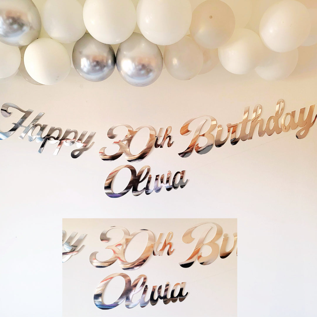 Personalised Name Happy Birthday Silver Banner