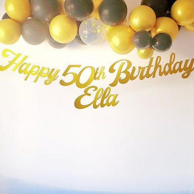 Personalised Name Happy Birthday Gold Glitter Banner