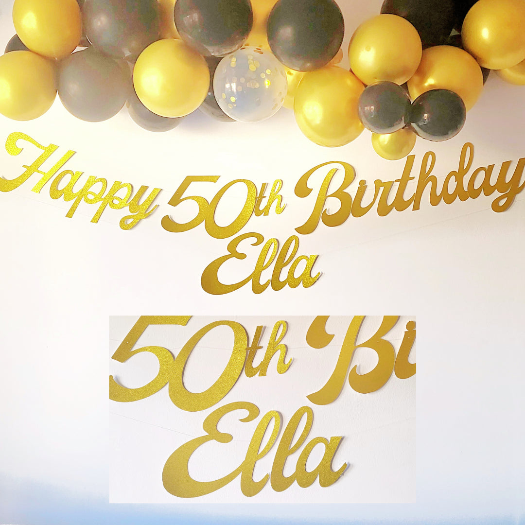 Personalised Name Happy Birthday Gold Glitter Banner