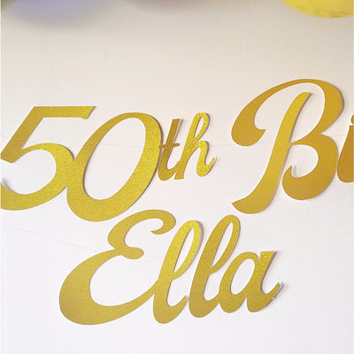 Personalised Name Happy Birthday Gold Glitter Banner