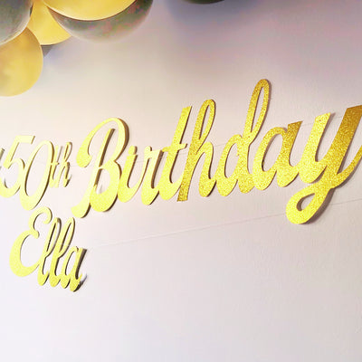 Personalised Name Happy Birthday Gold Glitter Banner