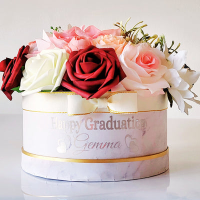 Personalised Name Happy Graduation Purple and Pink Flower Hat Box