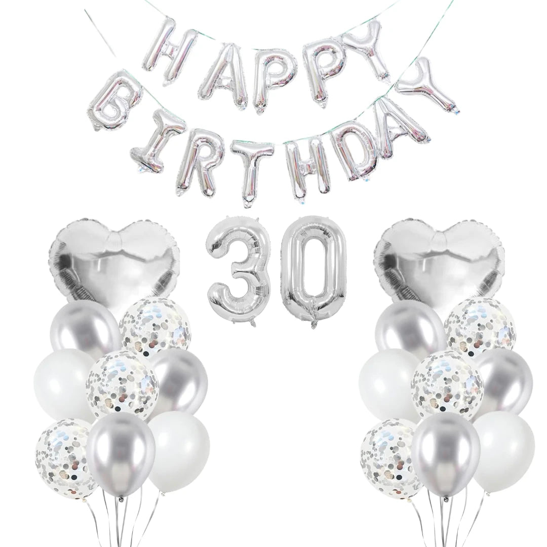 Personalised 16" Silver Number Foil Balloon for Birthdays - Partyshakes 30 balloons