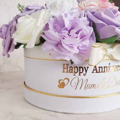 Personalised Anniversary Flower Hat Box, Handmade Purple Floral Arrangement