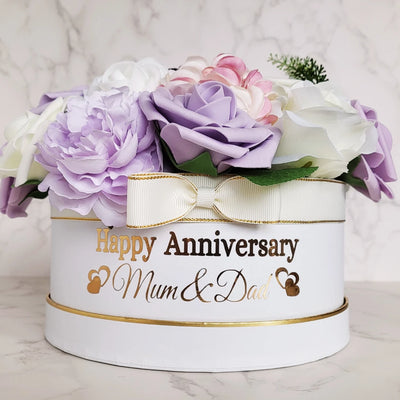 Personalised Anniversary Flower Hat Box, Handmade Purple Floral Arrangement