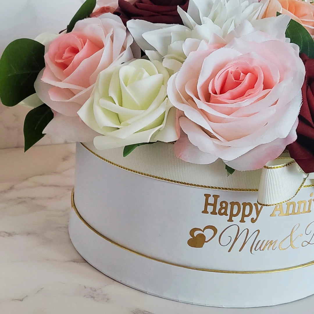 Personalised Anniversary Flower Hat Box, Handmade Red and White Gift Box
