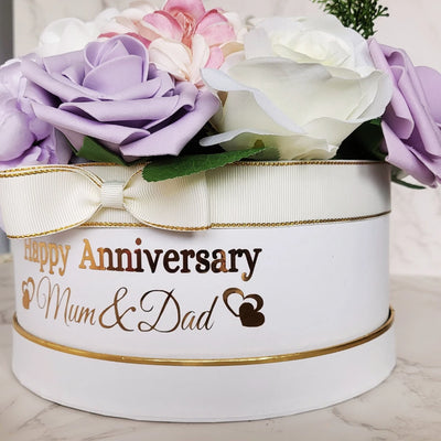 Personalised Anniversary Flower Hat Box, Handmade Purple Floral Arrangement