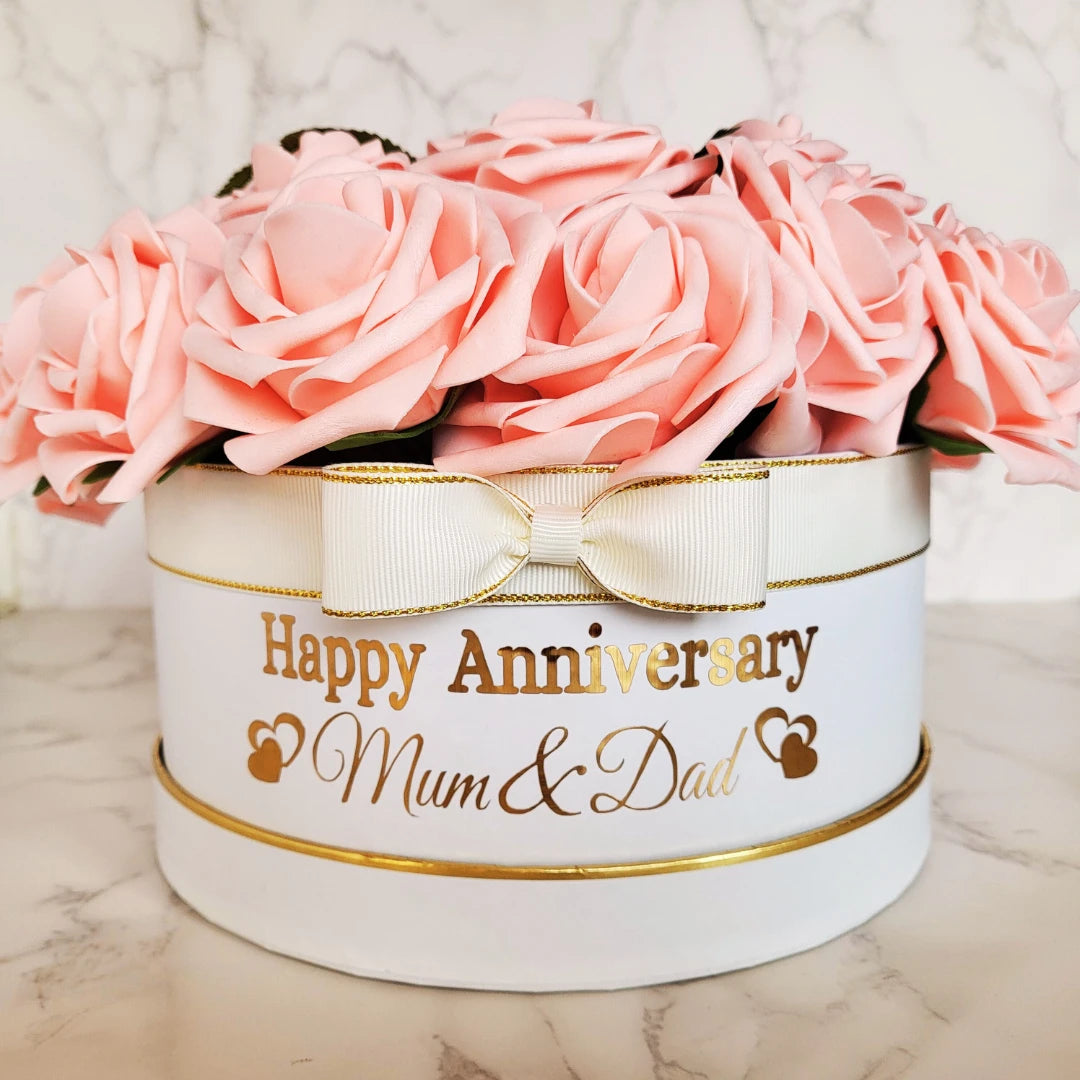Personalised Anniversary Flower Hat Box, Handmade Pink Floral Arrangement - Partyshakes Artificial Flowers