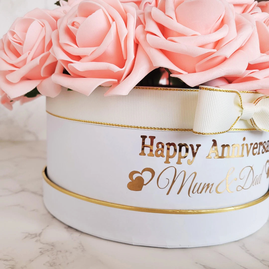 Personalised Anniversary Flower Hat Box, Handmade Pink Floral Arrangement - Partyshakes Artificial Flowers