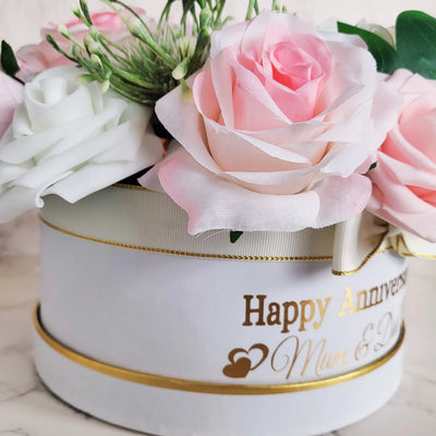 Personalised Anniversary Flower Hat Box, Handmade Pink White Floral Arrangement - Partyshakes Artificial Flowers