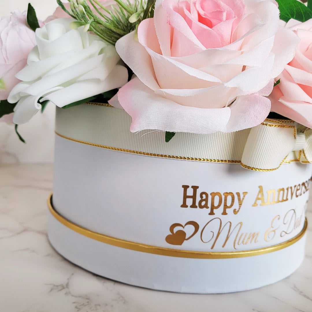 Personalised Anniversary Flower Hat Box, Handmade Pink White Floral Arrangement - Partyshakes Artificial Flowers