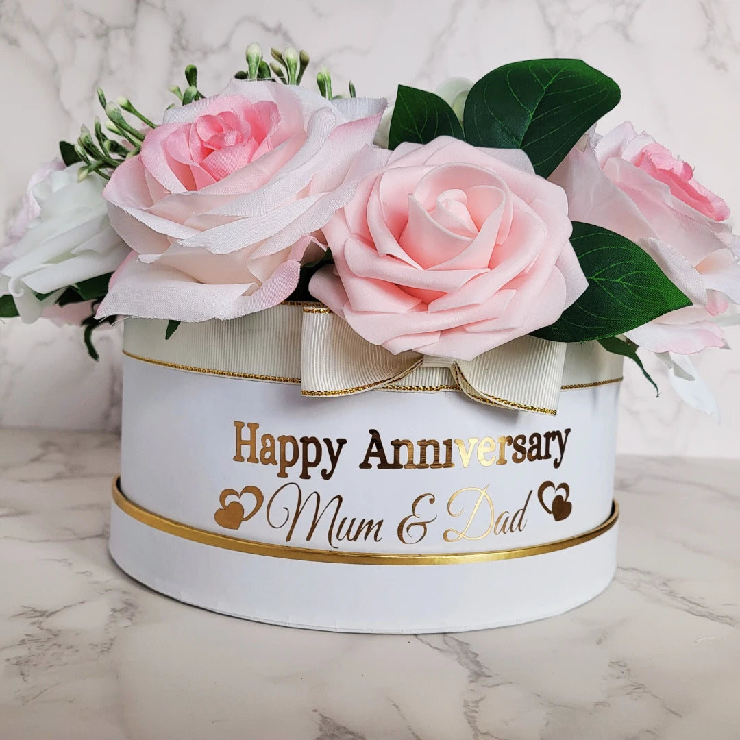 Personalised Anniversary Flower Hat Box, Handmade Pink White Floral Arrangement - Partyshakes Artificial Flowers