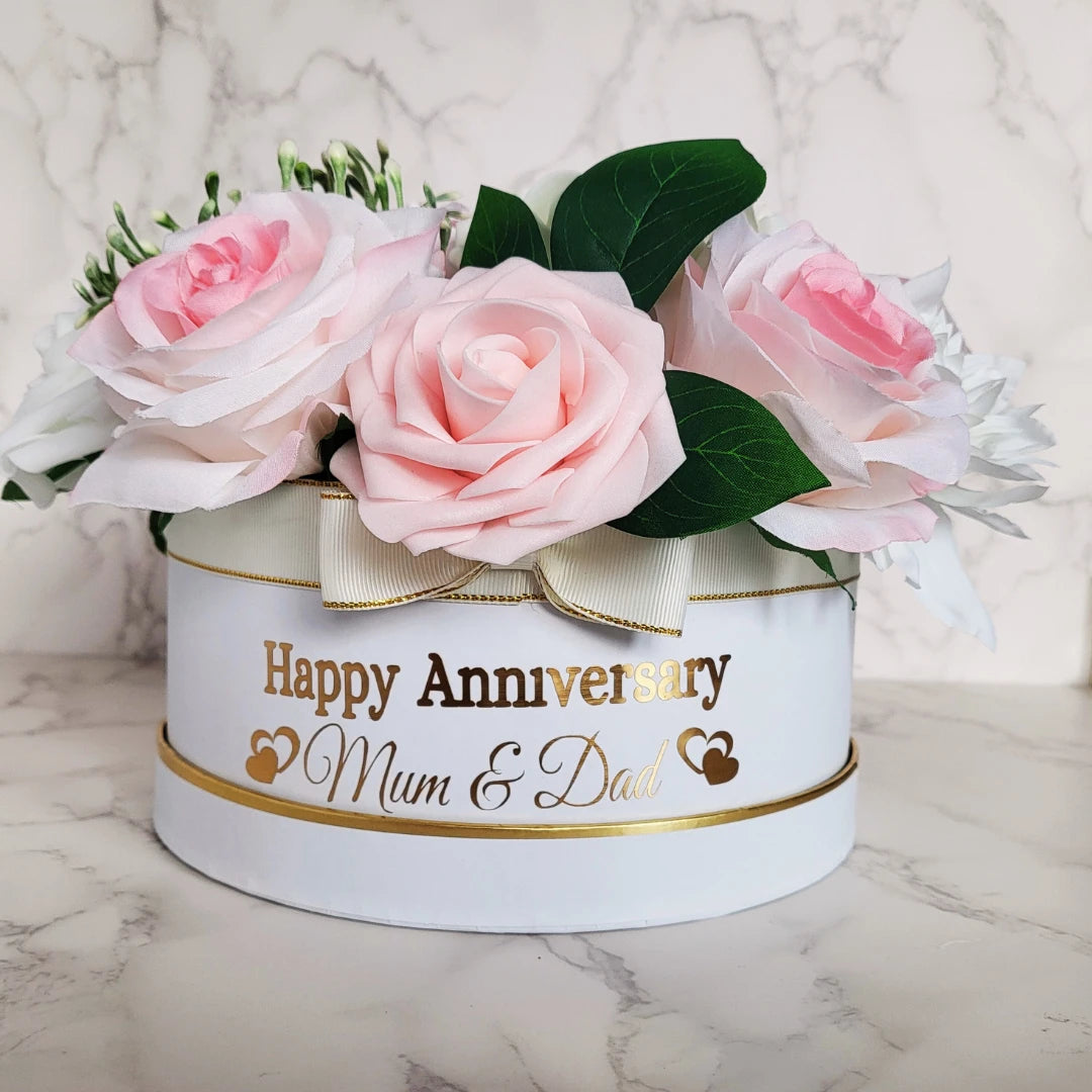 Personalised Anniversary Flower Hat Box, Handmade Pink White Floral Arrangement - Partyshakes Artificial Flowers