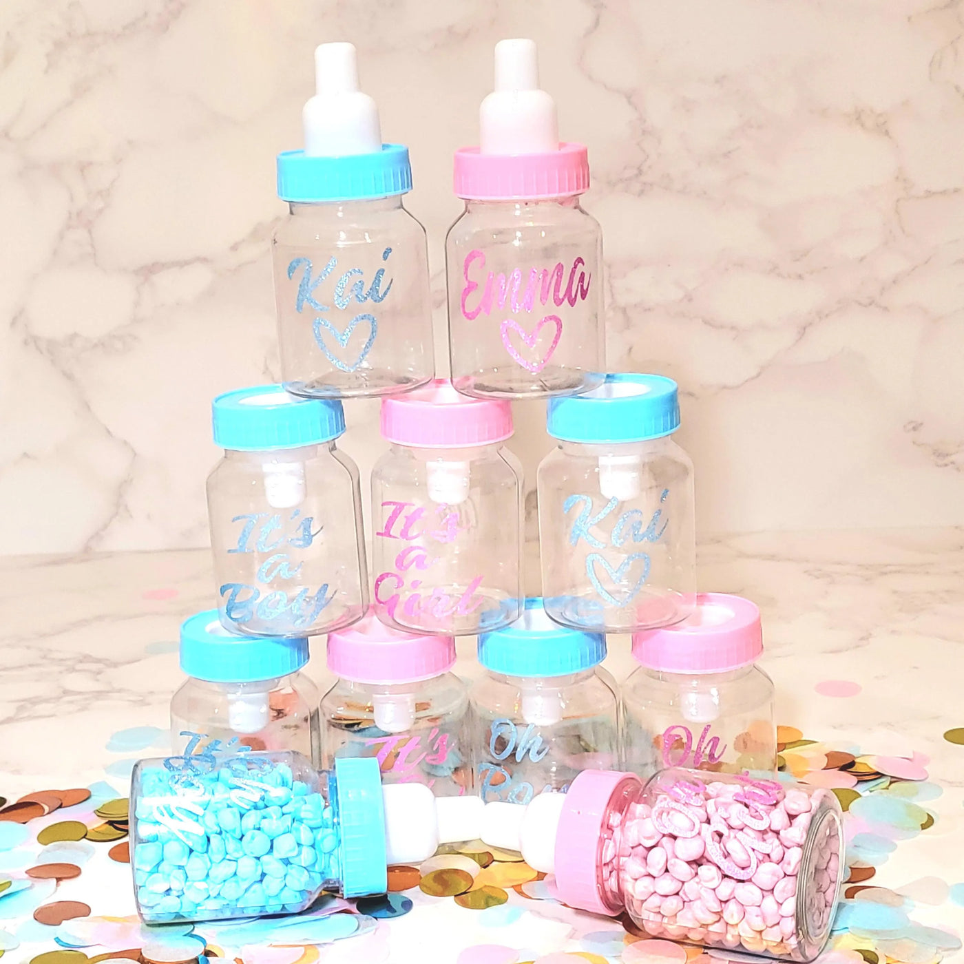 Personalised Baby Shower, Gender Reveal Fillable Bottles