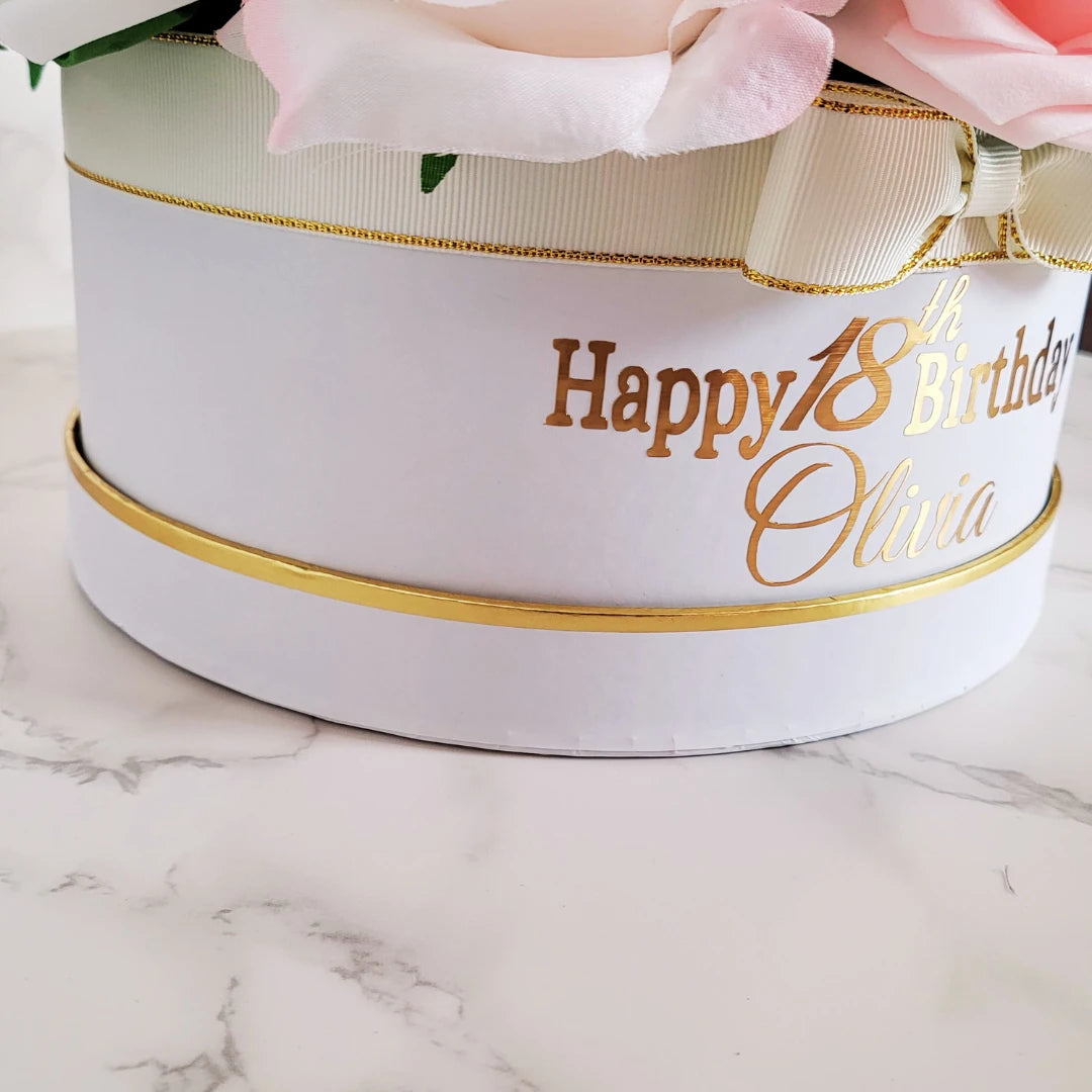 Personalised Happy Birthday Pink & White Flower Hat Box - Partyshakes Artificial Flowers