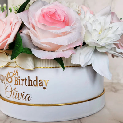 Personalised Happy Birthday Pink & White Flower Hat Box - Partyshakes Artificial Flowers