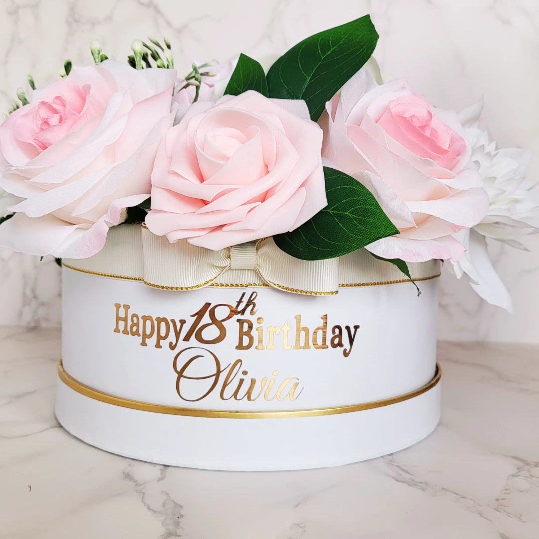 Personalised Happy Birthday Pink & White Flower Hat Box - Partyshakes Artificial Flowers