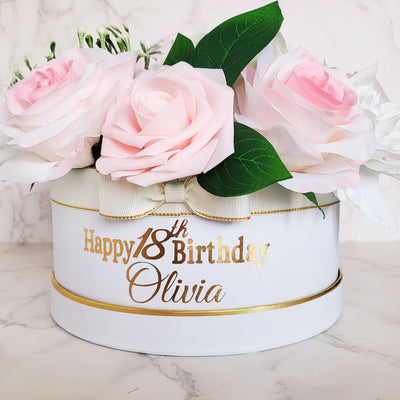 Personalised Happy Birthday Pink & White Flower Hat Box - Partyshakes Artificial Flowers