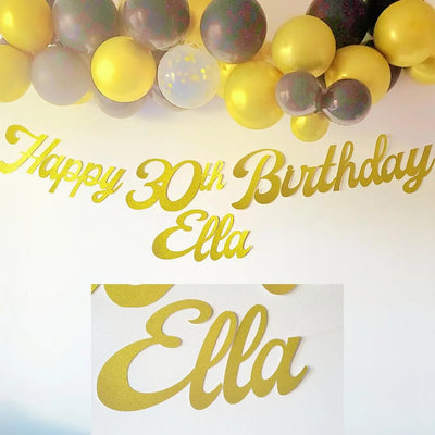 Personalised Name Happy Birthday Gold Glitter Banner