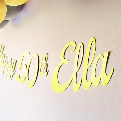 Personalised Name Happy Birthday Gold Glitter Banner