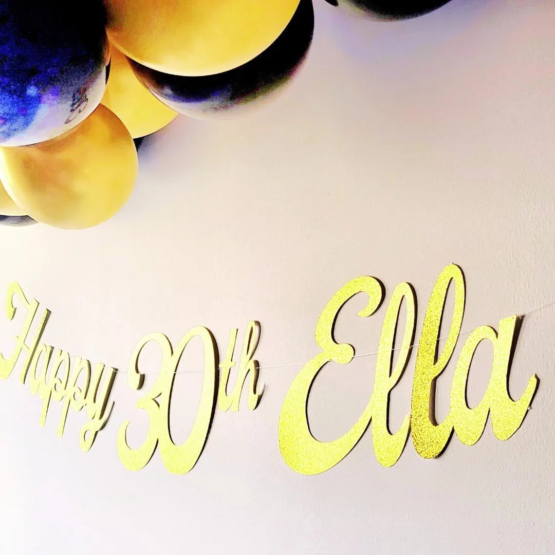 Personalised Name Happy Birthday Gold Glitter Banner