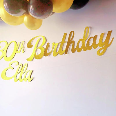 Personalised Name Happy Birthday Gold Glitter Banner