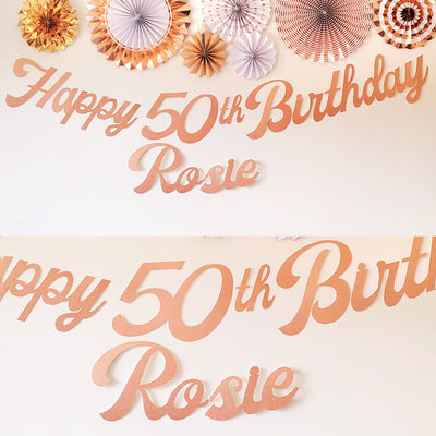 Personalised Name Happy Birthday Rose Gold Glitter Banner