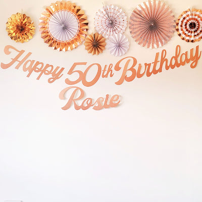 Personalised Name Happy Birthday Rose Gold Glitter Banner