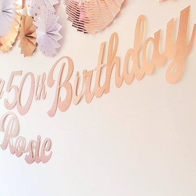 Personalised Name Happy Birthday Rose Gold Glitter Banner