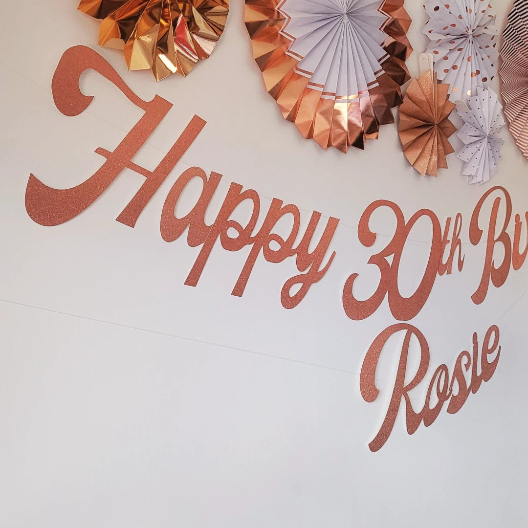 Personalised Name Happy Birthday Rose Gold Glitter Banner