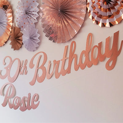 Personalised Name Happy Birthday Rose Gold Glitter Banner