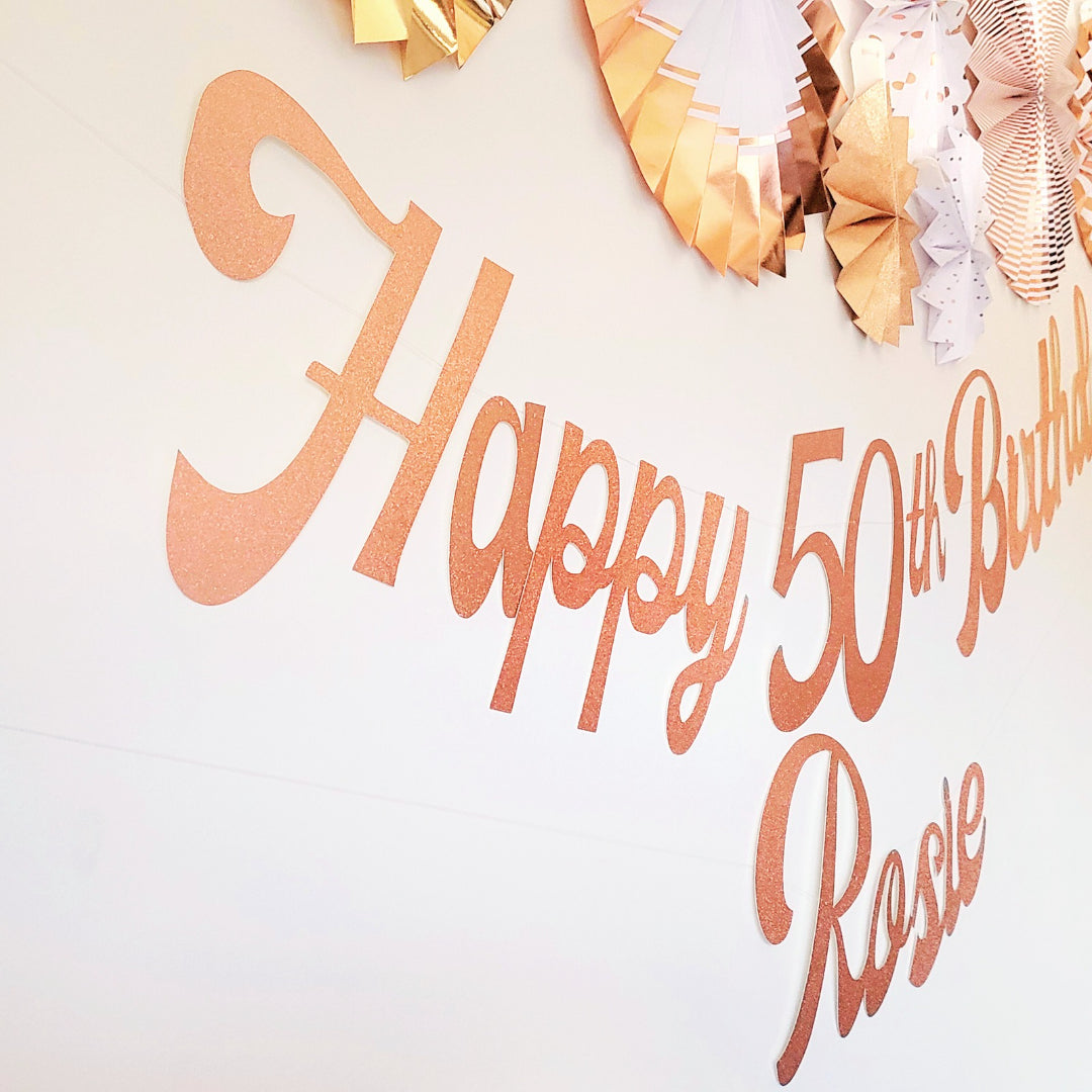 Personalised Name Happy Birthday Rose Gold Glitter Banner