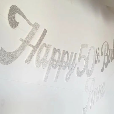 Personalised Name Happy Birthday Silver Glitter Banner