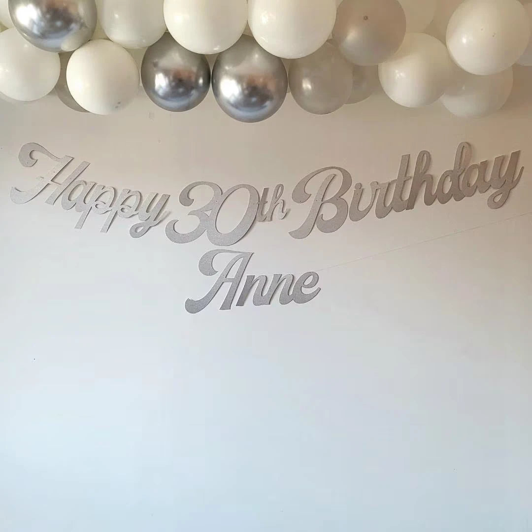 Personalised Name Happy Birthday Silver Glitter Banner