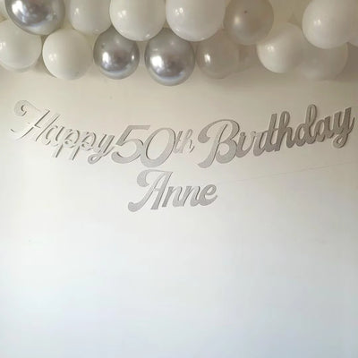 Personalised Name Happy Birthday Silver Glitter Banner