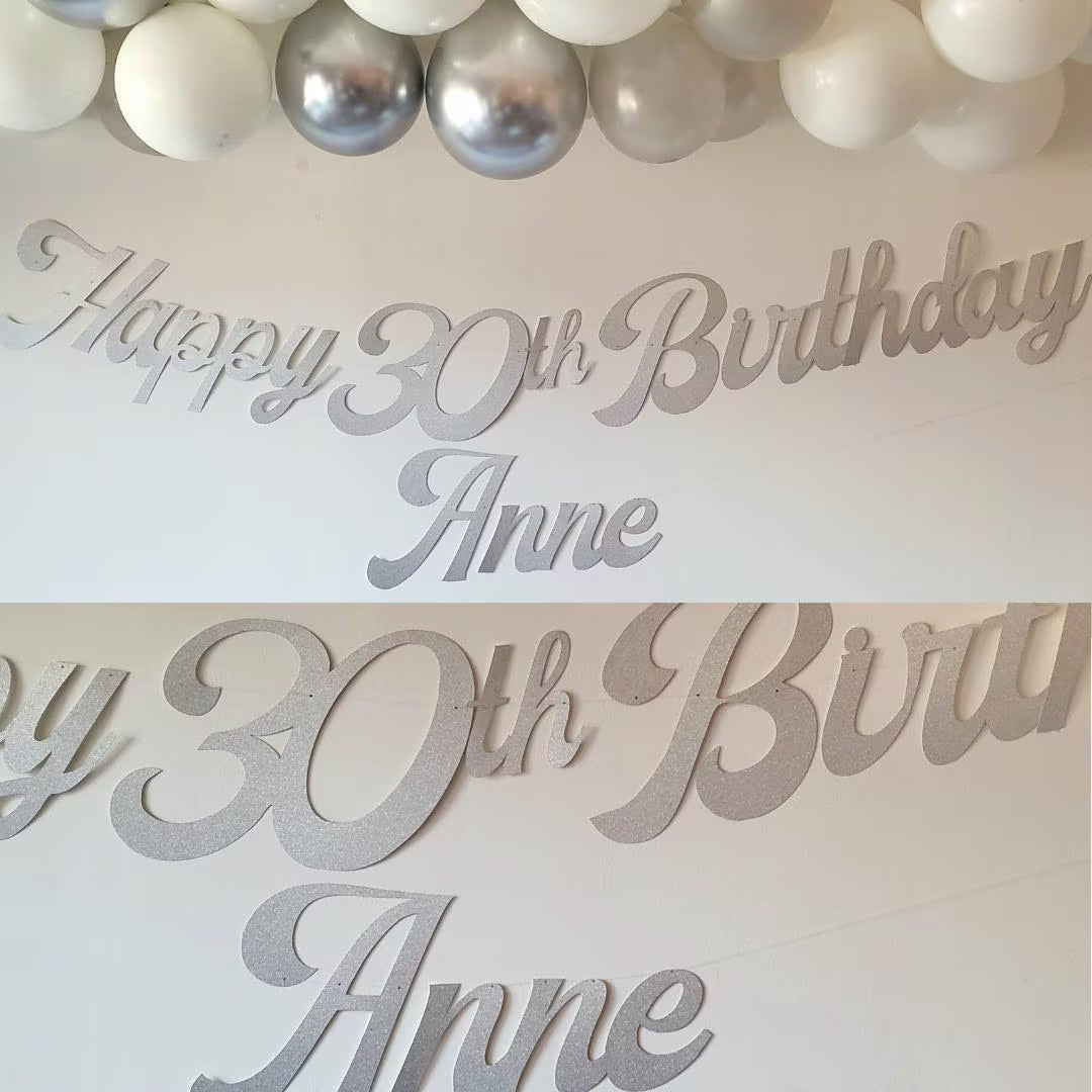 Personalised Name Happy Birthday Silver Glitter Banner