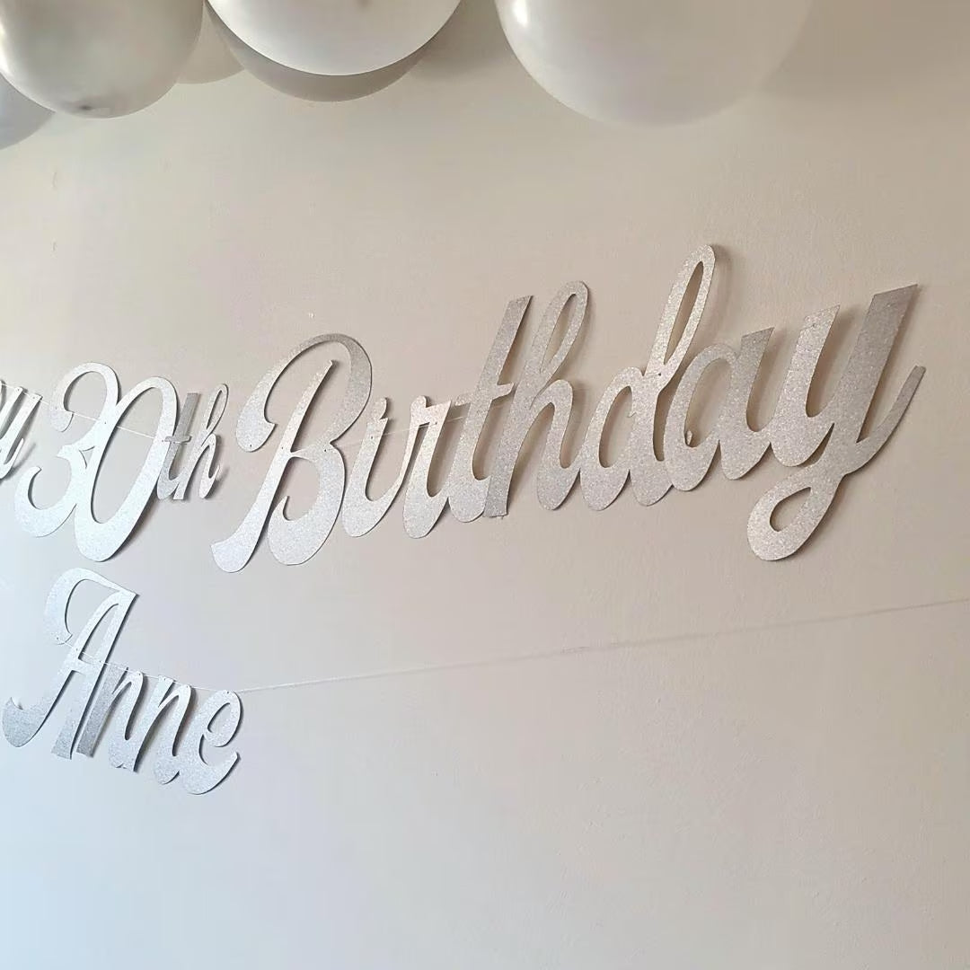 Personalised Name Happy Birthday Silver Glitter Banner