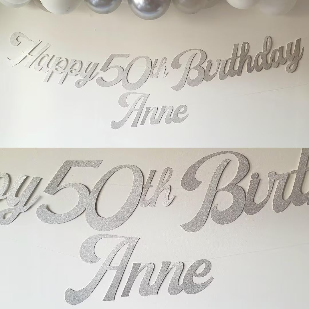 Personalised Name Happy Birthday Silver Glitter Banner