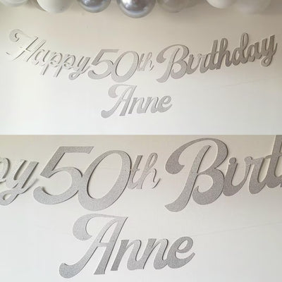 Personalised Name Happy Birthday Silver Glitter Banner