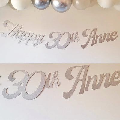 Personalised Name Happy Birthday Silver Glitter Banner